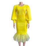 Yellow Bubble Bead Puffed Long Sleeve Mesh Hem Skinny Long Dress