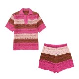 Hollow Stirped Short Sleeve Knitted Two Piece Shorts Set