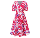 Floral Print V-Neck Short Sleeve Boho A-Line Dress