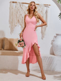 Solid V Neck Sleeveless Slit Irregular Ruffles Dress