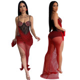 Rhinestone Mesh Irregular See Through Sexy Bodycon Dress