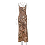 Leopard Print Sexy Low Back Halter Neck Long Dress
