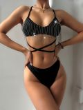 Solid Black Tassel Lace-Up Cross Back Bikini Set