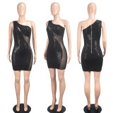 Slash Shoulder Black Sequin Mesh Splicing Sexy Bodycon Club Dress