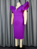 Purple Studded V-Neck Ruffle Sleeve Party Dress
