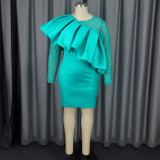 Elegant Lace Sleeve Formal Party Ruffle Midi Dress