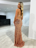 Party Sexy Straps Sequin Mesh Splicing Slit Long Evening Dress