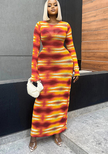 Fashion Printed Long Sleeve Bodycon Maxi Dress