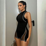 Black Sleeveless Mesh Patchwork Sexy Tight Rompers