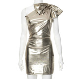 Sexy Bow Decorated One Shoulder Metallic Shiny Mini Dress