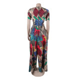 Sexy Printed Two Pieces Short Sleeve Crop Top and Wide Leg Pants