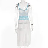 Contrast Color Lace Mesh Patchwork Straps Slit Night Dress