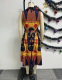 African Style Print Turndown Collar Sleeveless Tie Waist Dress
