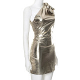 Sexy Bow Decorated One Shoulder Metallic Shiny Mini Dress
