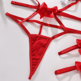 Bow Hollow Out Halter Neck Underwired Gathered Lace-Up Sexy Lingerie Set