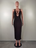 Sexy Black Sleeveless Ribbed Hollow Out Long Dress