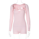 Pink Long Sleeve Shrug Top + Straps Rompers Sexy 2-Piece Set