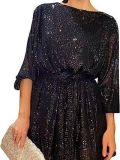 Sequin Boat Neck Long Sleeve Casual Loose Dress