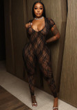 Sexy Lace Short Sleeve Open Back See Through Tight Jumpsuit