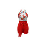 Fashion Floral Print Halter Sleeveless Top and High Waist Shorts 2 piece Set
