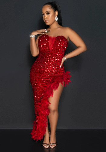 Sexy Strapless Solid Sequin Irregular High Slit Party Dress