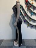 Rhinestone Sexy Mesh See-Through Patchwork Sleeveless Slit Maxi Dress