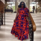 Fashion Print Slash Shoulder Balloon Sleeve Ruffles Maxi Dress