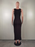 Sexy Black Sleeveless Ribbed Hollow Out Long Dress