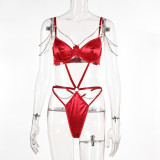 Red Sexy Teddy Lingerie Metal Chain Decorated Hollow Bodysuit