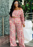 Sexy Printed 2 Piece Set Loose Off Shoulder Elastic Ruched Long Sleeve Top and Wide Leg Pants