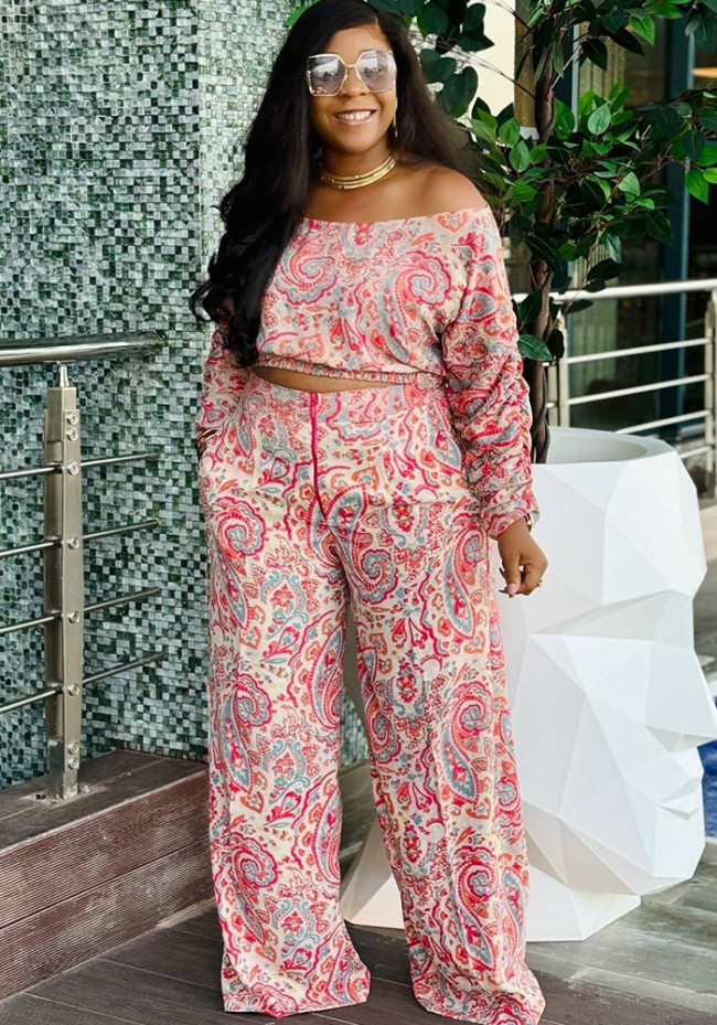Sexy Printed 2 Piece Set Loose Off Shoulder Elastic Ruched Long Sleeve Top and Wide Leg Pants