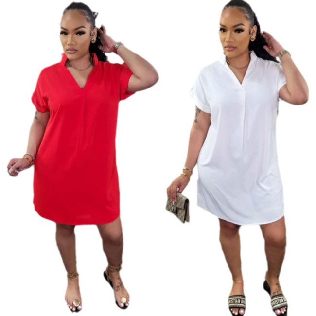 Solid V Neck Short Sleeve Turndown Collar Casual Dress
