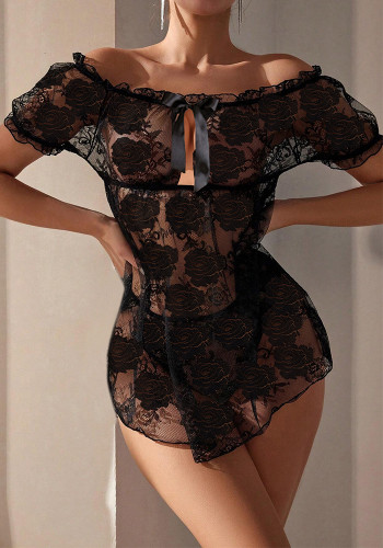 Sexy Women Lingerie Floral Lace Off Shoulder See Through Lace Mesh Nigtgown