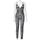 Sexy Print Mesh Hollow Sleeveless Low Back Tight Jumpsuit