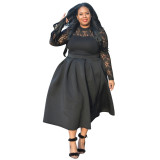 Plus Size Lace Patchwork Long Sleeve Sexy A-Line Dress