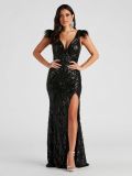 Black Sequin Deep-V Slit Party Evening Dress