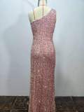 Slash Shoulder Sequin Sleeveless Ruched Slit Maxi Evening Dress