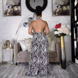 Whie and Black Print Halter Backless Wide Leg Jumpsuit