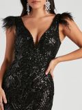Black Sequin Deep-V Slit Party Evening Dress
