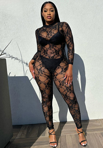 Sexy See-Through Long Sleeve Black Lace Tight Jumpsuit