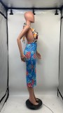 Sexy Halter Plunging Neck Print Backless Bodycon Midi Dress