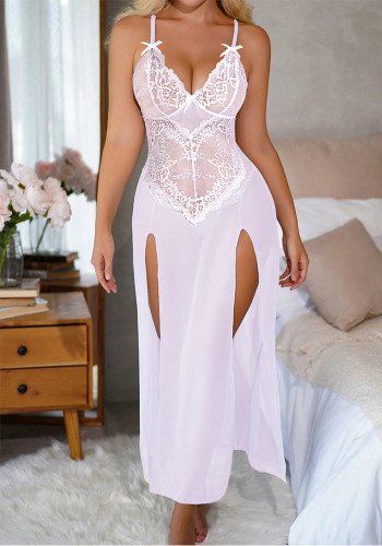 Women Lingerie Sexy White Lace Mesh Cami High Slit Night Dress