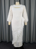 White Lace Lantern Sleeve Elegant Ruffle Long Party Dress