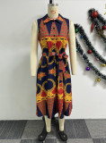 African Style Print Turndown Collar Sleeveless Tie Waist Dress