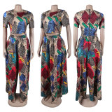 Sexy Printed Two Pieces Short Sleeve Crop Top and Wide Leg Pants