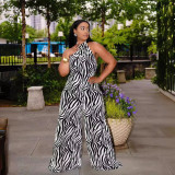 Whie and Black Print Halter Backless Wide Leg Jumpsuit