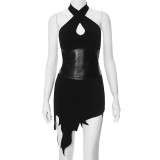 Black Pu-Leather Patchwork Irregular Sleeveless Halter Neck Sexy Dress