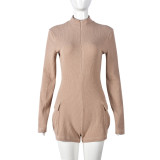 Ribbed Sexy Pocket Zipper Mock Neck Rompers