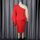 Red Single Sleeve Slash Shoulder Ruffles Party Cocktail Dress