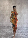 Print Off Shoulder Fashion Bodycon Midi Dress